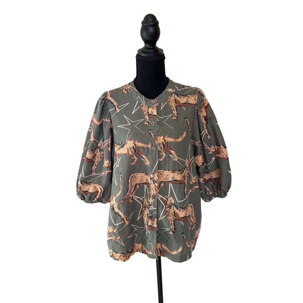 LAS SUREÑAS Leopard Stars Balloon Sleeve Button Shirt Blouse Women's Large